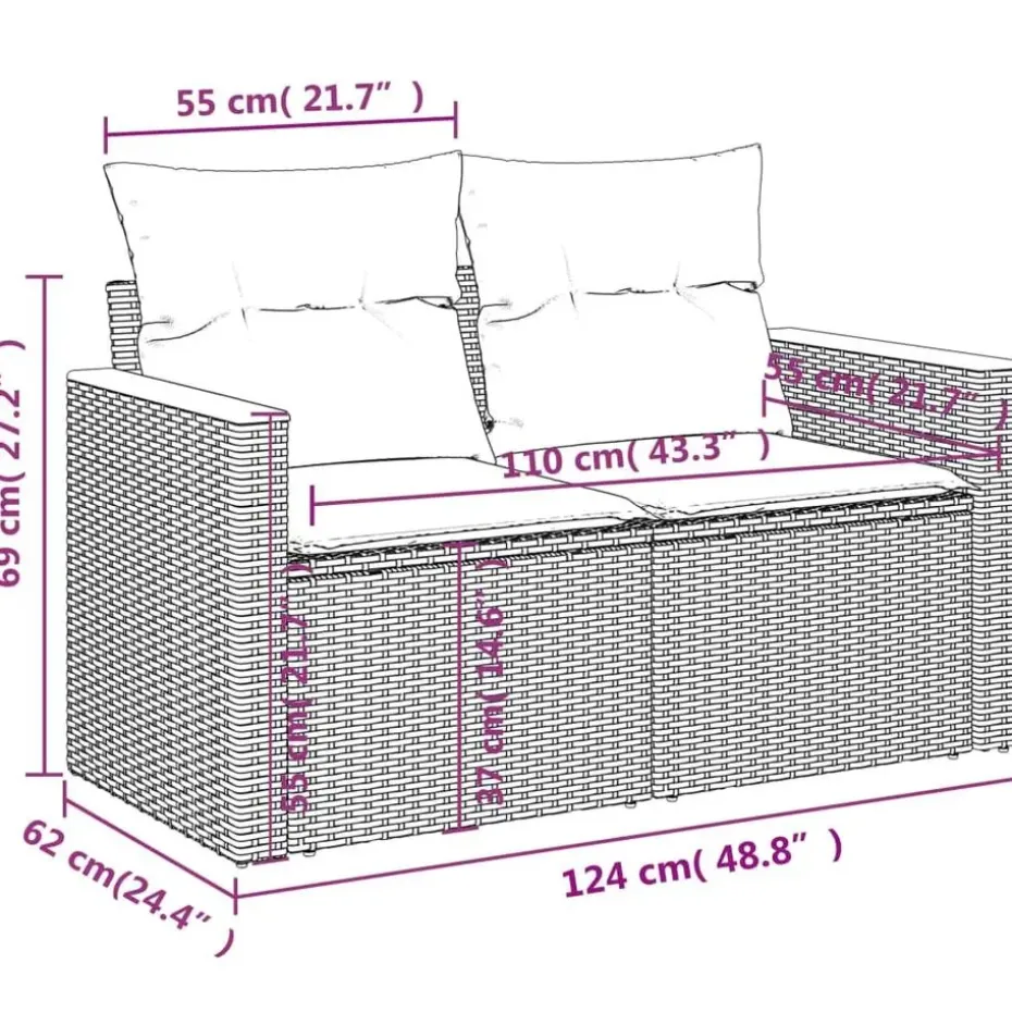 vidaXL Loungeset met 8 kussens en hout armsteun & salontafel - Grijs - 9 stuks