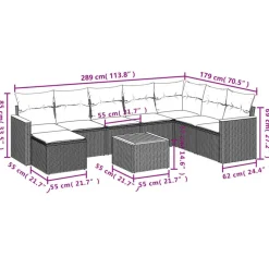 vidaXL Loungeset met 8 kussens en hout armsteun & salontafel - Grijs - 9 stuks