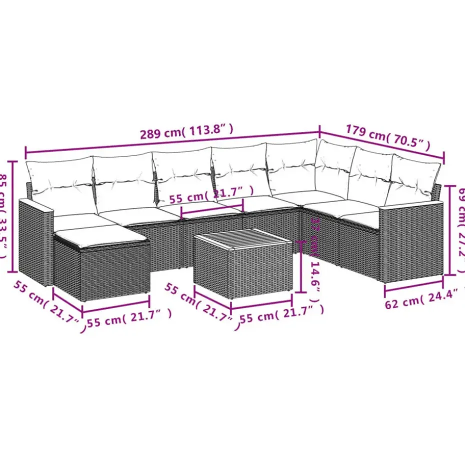 vidaXL Loungeset met 8 kussens en hout armsteun & salontafel - Grijs - 9 stuks