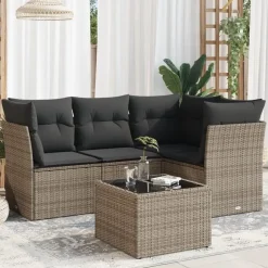 vidaXL Loungeset met 7 kussens en tuintafel - Grijs - Poly Rattan - 5 stuks