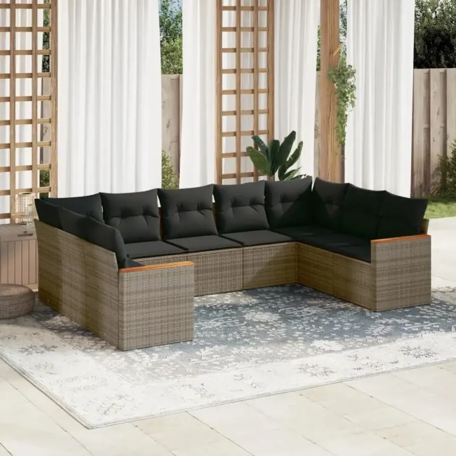 vidaXL Loungeset met 11 kussens en hout armsteun - Grijs - 10 stuks