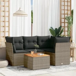 vidaXL Loungeset met kussens & hout salontafel - Grijs - Poly rattan - 5 stuks