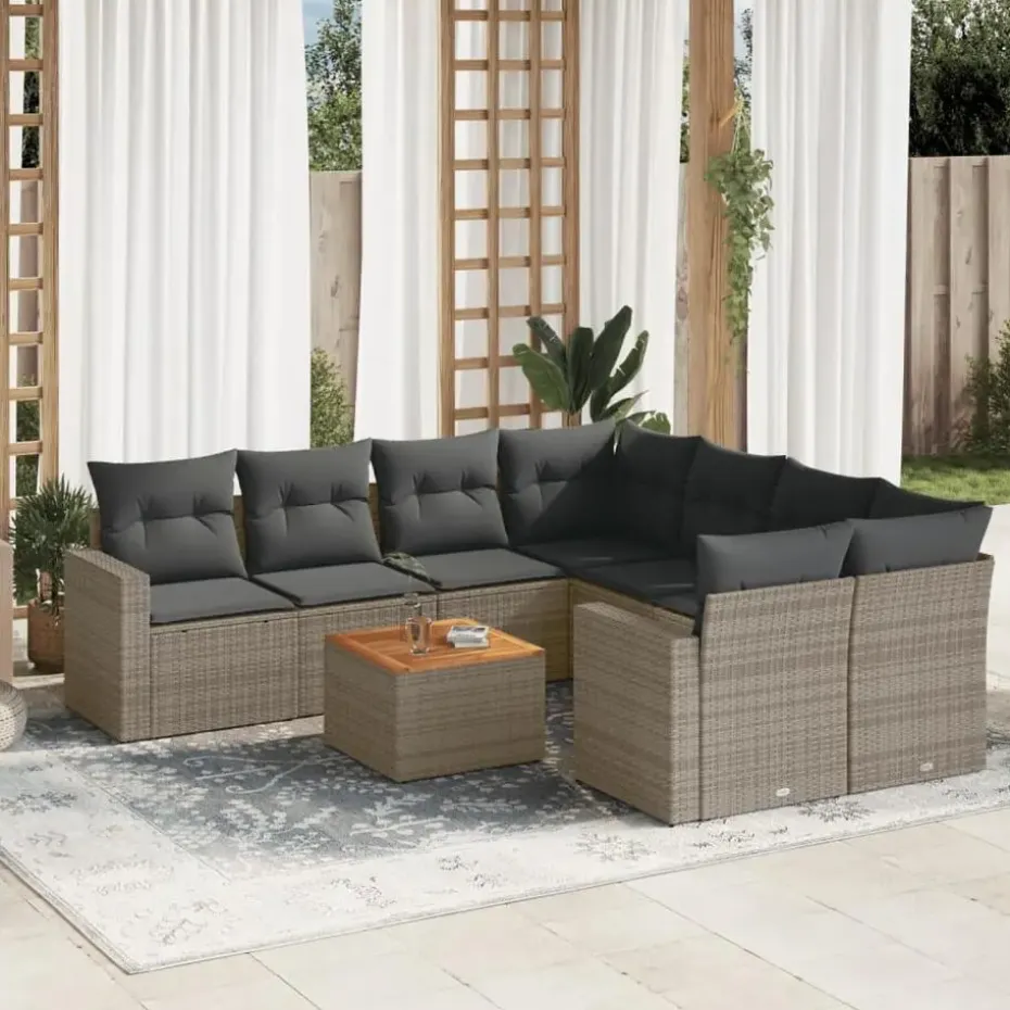 vidaXL Loungeset met kussens & salontafel voor 8 personen- Grijs - Poly rattan