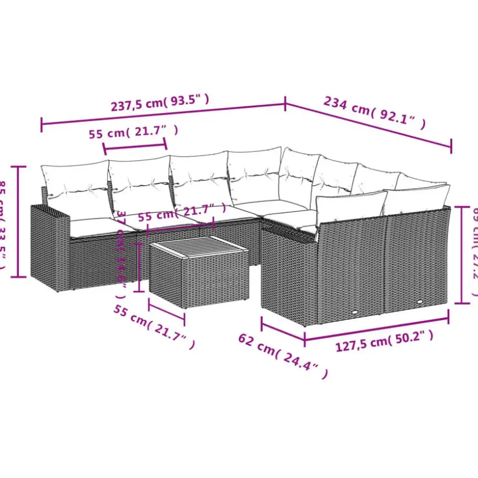 vidaXL Loungeset met kussens & salontafel voor 8 personen- Grijs - Poly rattan