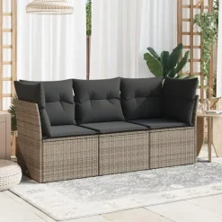 vidaXL Loungeset met kussens - set van 3 - Grijs - Poly Rattan - 179x62x69 cm