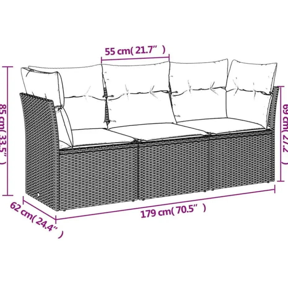 vidaXL Loungeset met kussens - set van 3 - Grijs - Poly Rattan - 179x62x69 cm