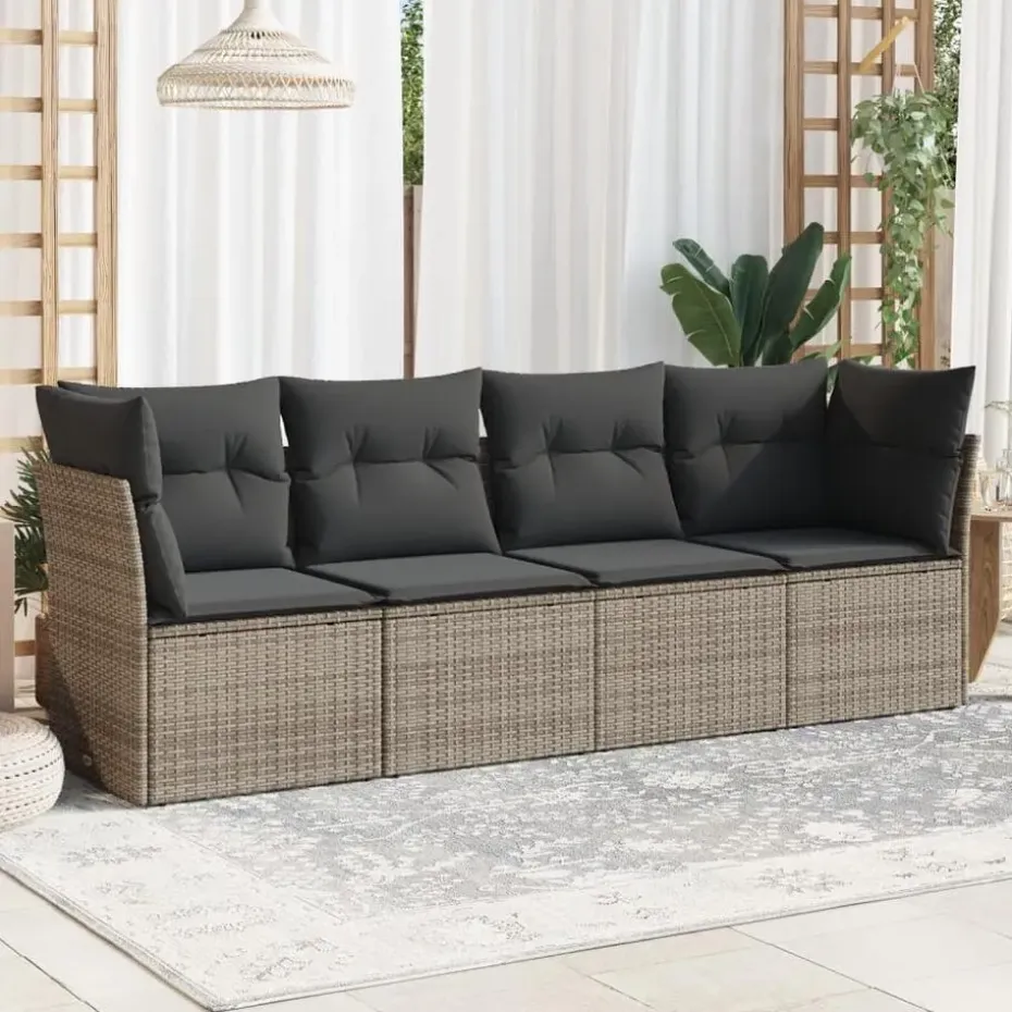 vidaXL Loungeset met kussens - set van 4 - Grijs - Poly Rattan - 234x62x69 cm