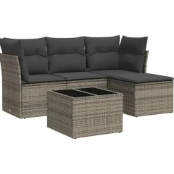 vidaXL Loungeset met kussens & tuintafel - Grijs - Poly Rattan - 5 stuks
