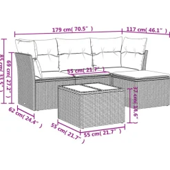 vidaXL Loungeset met kussens & tuintafel - Grijs - Poly Rattan - 5 stuks