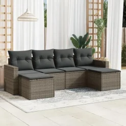 vidaXL Loungeset met kussens en 2 krukken - Grijs - Poly rattan - 6 stuks