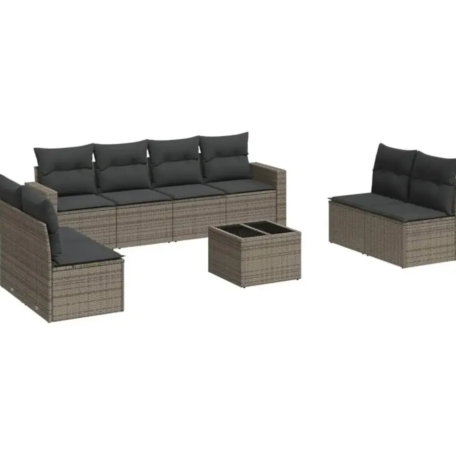 vidaXL Loungeset met kussens en tuintafel voor 8 personen - Grijs - Poly Rattan