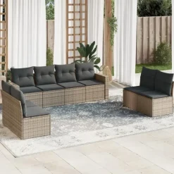 vidaXL Loungeset met kussens en tuintafel voor 8 personen - Grijs - Poly Rattan