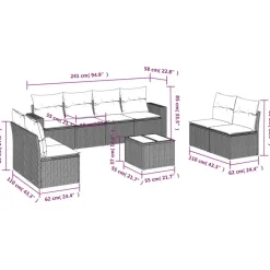 vidaXL Loungeset met kussens en tuintafel voor 8 personen - Grijs - Poly Rattan