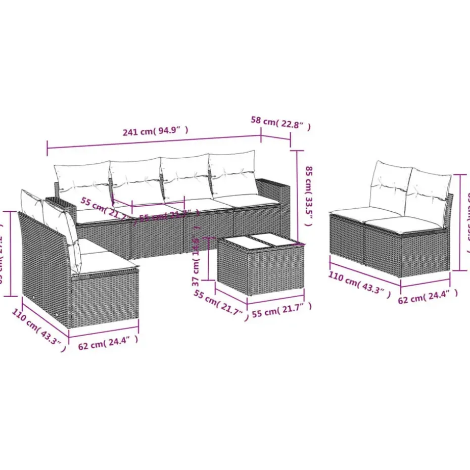 vidaXL Loungeset met kussens en tuintafel voor 8 personen - Grijs - Poly Rattan