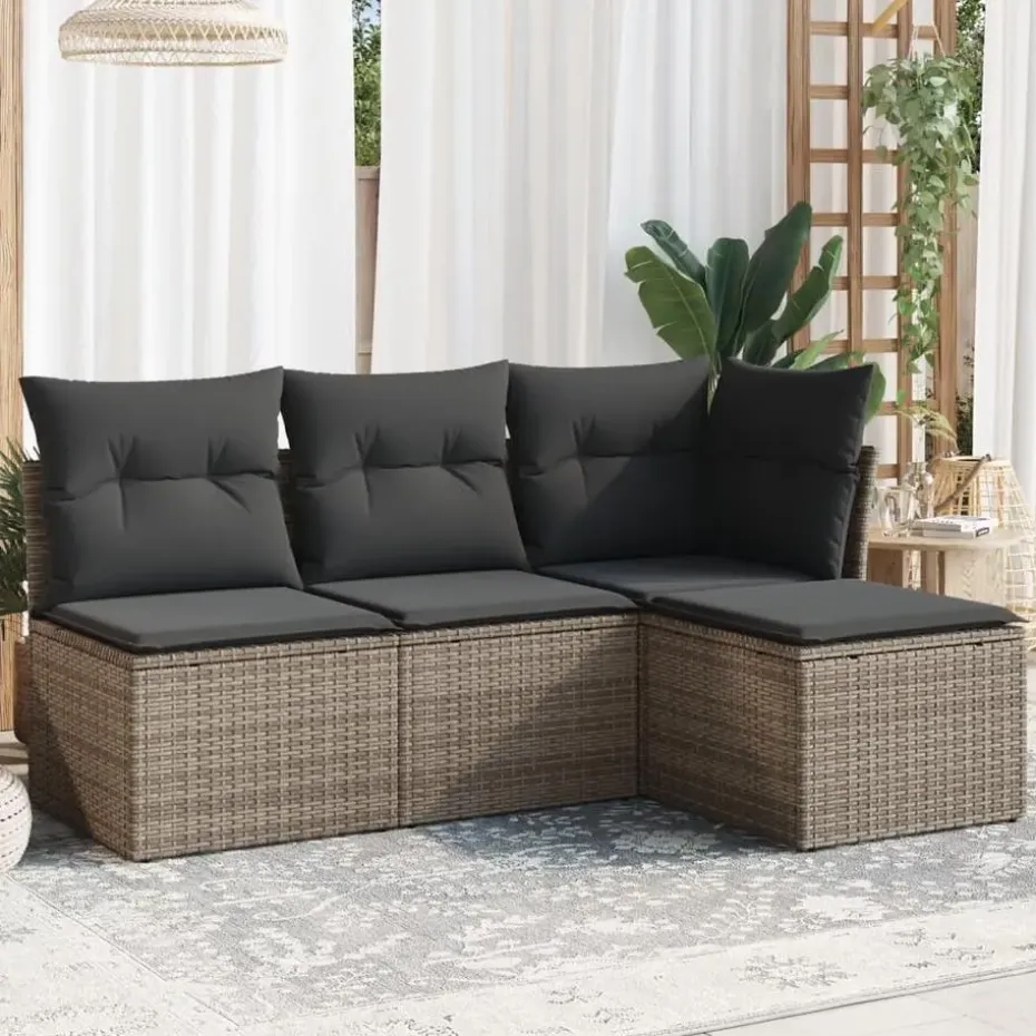 vidaXL Loungeset met kussens - Grijs - Poly rattan - 4 stuks