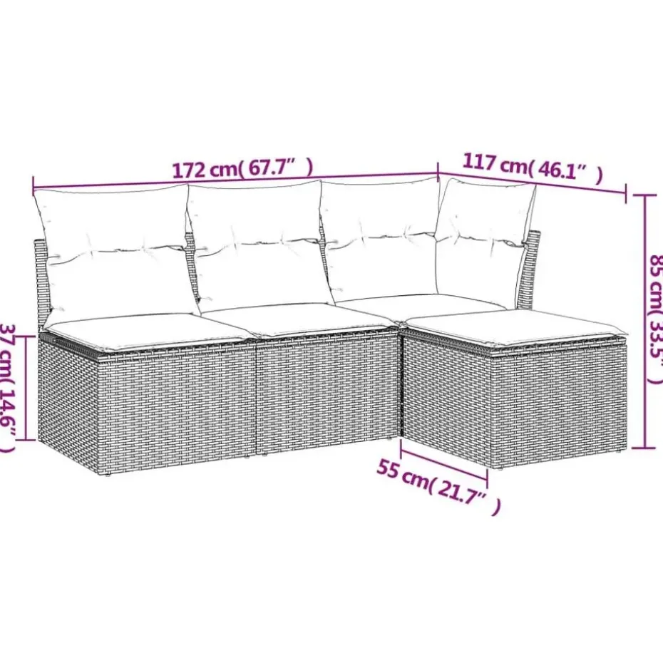 vidaXL Loungeset met kussens - Grijs - Poly rattan - 4 stuks