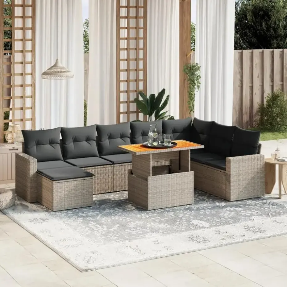 vidaXL Loungeset voor 8 met kussens en verstelbaar hout salontafel - 9 stuks