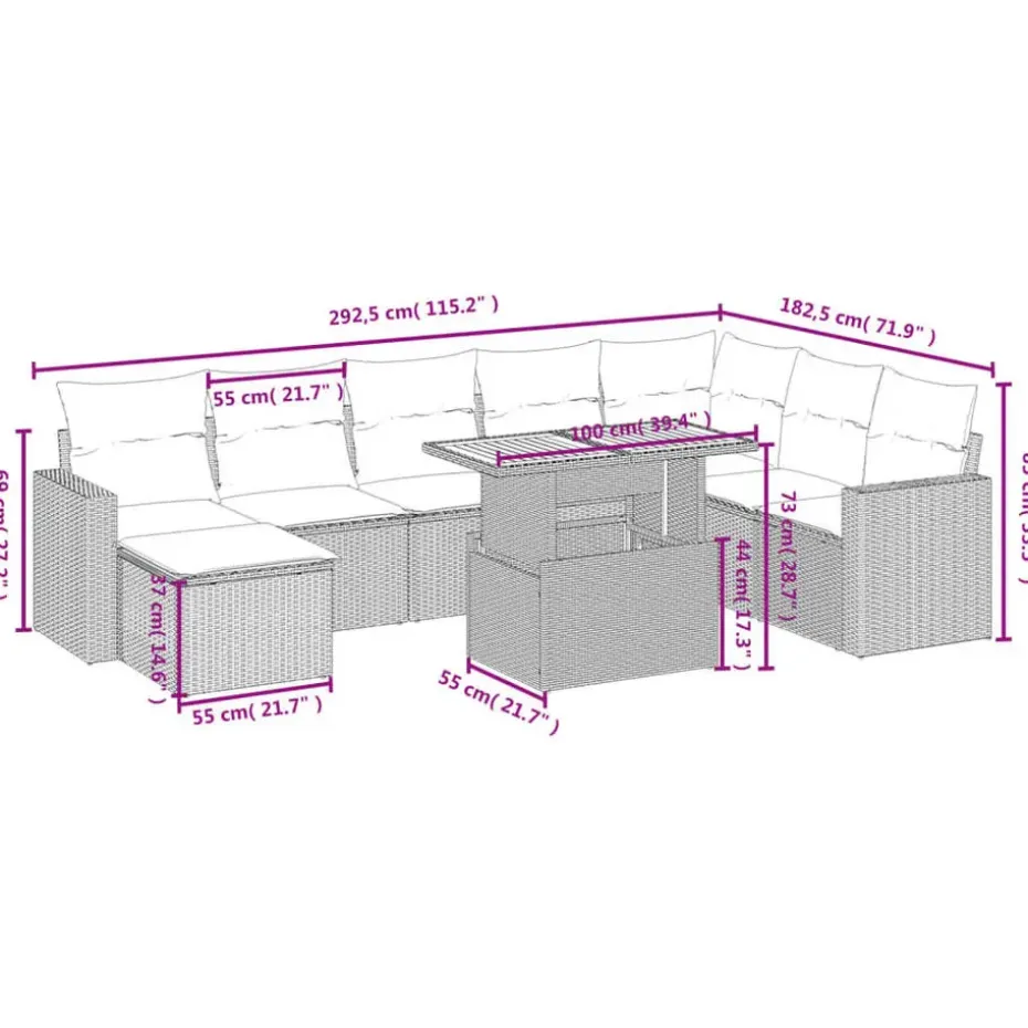 vidaXL Loungeset voor 8 met kussens en verstelbaar hout salontafel - 9 stuks