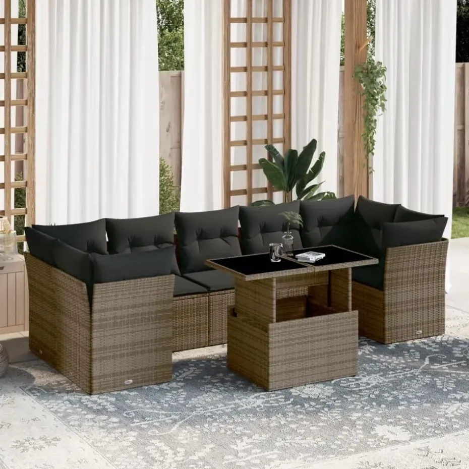 vidaXL Loungeset voor 7 met kussens en verstelbaar salontafel - Gris - 8 stuks