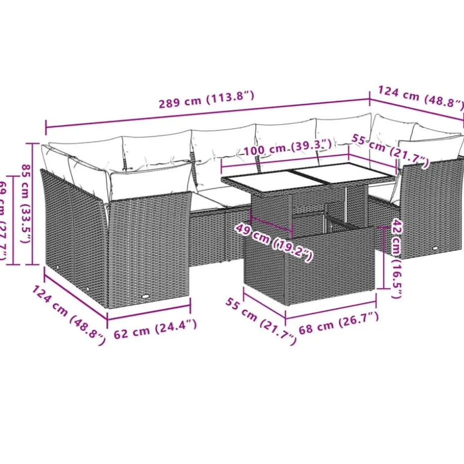 vidaXL Loungeset voor 7 met kussens en verstelbaar salontafel - Gris - 8 stuks