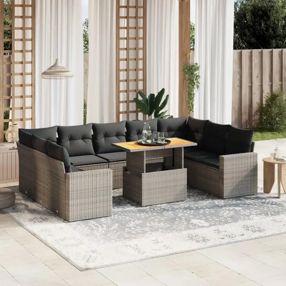 vidaXL Loungeset voor 9 met kussens en verstelbaar hout salontafel - 10 stuks