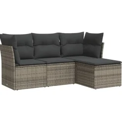 vidaXL Tuin-loungeset met kussens - set van 4 - Grijs - Poly Rattan