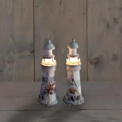 Vuurtoren beeldje - Hout - 10 x 30 cm - wit/mintgroen