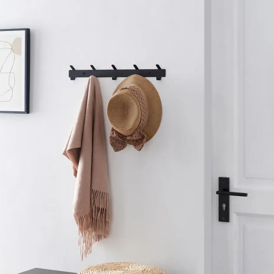 Wand Kapstok in Metaal, Hangende Muurkapstok van 49 cm Lang met 10 Haken, Zwart