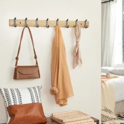Wandkapstok - Kapstok met 8 Zwarte Haken - 88 cm - Lichte Eik