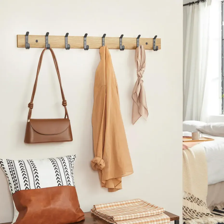 Wandkapstok - Kapstok met 8 Zwarte Haken - 88 cm - Lichte Eik