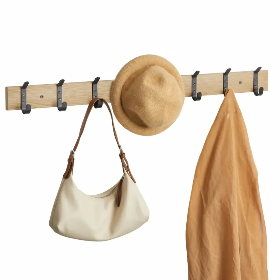 Wandkapstok - Kapstok met 8 Zwarte Haken - 88 cm - Lichte Eik