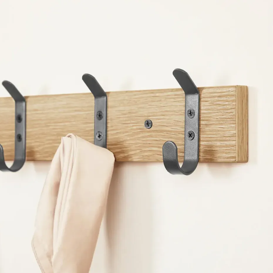 Wandkapstok - Kapstok met 8 Zwarte Haken - 88 cm - Lichte Eik