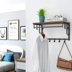 Wandkapstok - vintage - 5 haken - 66x27x30 cm - vintage bruin