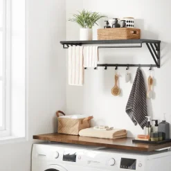 Wandkapstok met Plank en 7 Haken, Metaal en Hout, Zwart