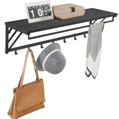 Wandkapstok met Plank en 7 Haken, Metaal en Hout, Zwart