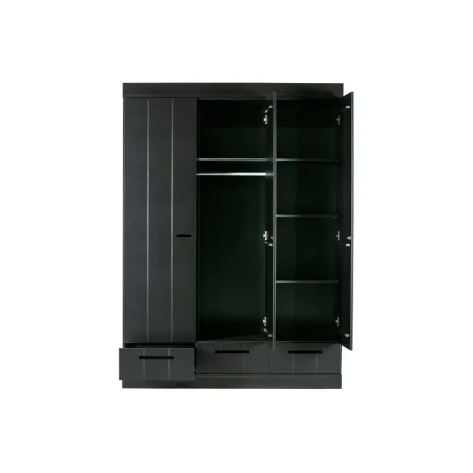 WOOOD Connect Kledingkast 3-Deurs met Lade - Grenen -Zwart- 195x140x53