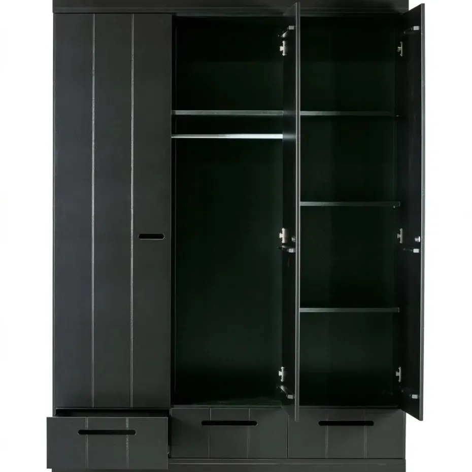 WOOOD Connect Kledingkast 3-Deurs met Lade - Grenen -Zwart- 195x140x53