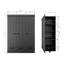 WOOOD Connect Kledingkast 3-Deurs met Lade - Grenen -Zwart- 195x140x53