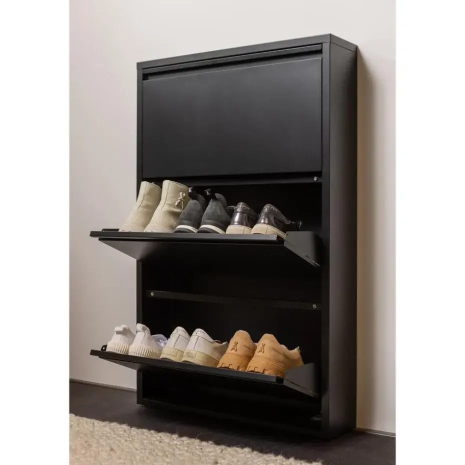WOOOD Sabine 3-Vaks Schoenenkast - Metaal - Zwart - 103x66x16