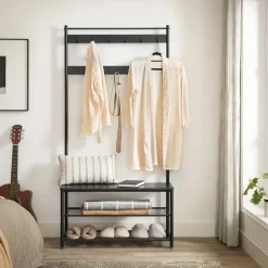 XL Garderoberek met Schoenenbank, Kapstok en Schoenenrek, 11 Haken, Zwart