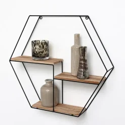 Zwart metalen wandrek met 3 houten plankjes - Zeshoek - 48x55x10 cm