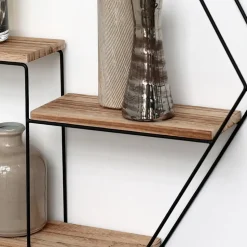 Zwart metalen wandrek met 3 houten plankjes - Zeshoek - 48x55x10 cm
