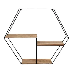 Zwart metalen wandrek met 3 houten plankjes - Zeshoek - 48x55x10 cm