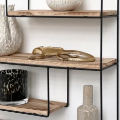 Zwart metalen wandrek met 4 houten plankjes - Rechthoek - 55x45x11 cm