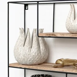 Zwart metalen wandrek met 4 houten plankjes - Rechthoek - 55x45x11 cm