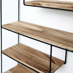 Zwart metalen wandrek met 4 houten plankjes - Rechthoek - 55x45x11 cm