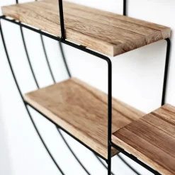 Zwart metalen wandrek met 4 houten plankjes - Rond - 50x11 cm
