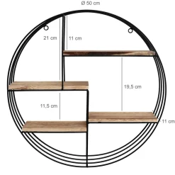 Zwart metalen wandrek met 4 houten plankjes - Rond - 50x11 cm