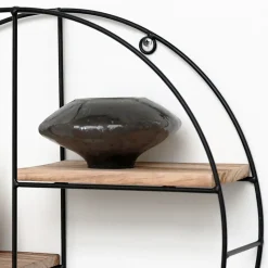 Zwart metalen wandrek met 2 houten plankjes - Rond - 37x10 cm