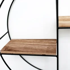 Zwart metalen wandrek met 2 houten plankjes - Rond - 37x10 cm